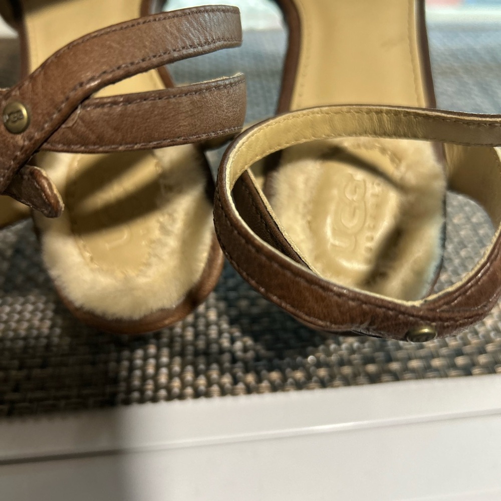 UGG ROCHELLE Brown Leather Wedge Sandals Size 7 - Picture 10 of 11